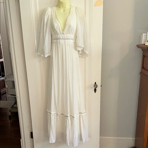 Vintage 70s Jack Kramer White V Neck Crinkle Cloth Flutter Sleeve Maxi Dress - Picture 1 of 8